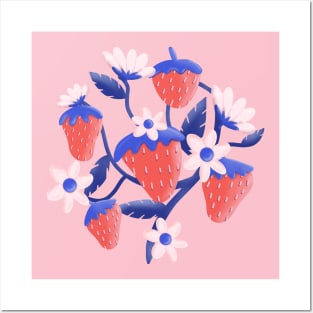 Summertime Strawberries on a Blue Vine Posters and Art